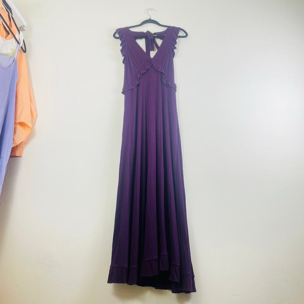 Anthropologie Purple Ruffle Sleeve Maxi Dress V Neck Size Medium NWOT - Picture 2 of 8